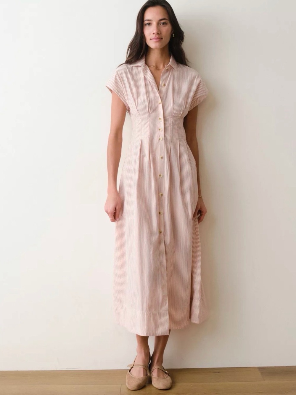 Marine Layer Arden Midi Shirt Dress- S-Rust/White Striped- MSRP $158